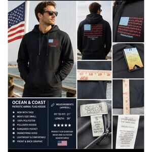 NWT Ocean & Coast Hoodie Men’s Small Black Animal American Flag Pullover Pocket